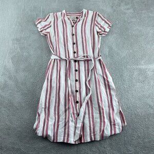 Striped Button-Front Shirt Dress With Belt By Loft Size 6 Linen/Rayon Blend 4400